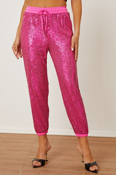 Hot Pink Sequin Drawstring Jogger Pants