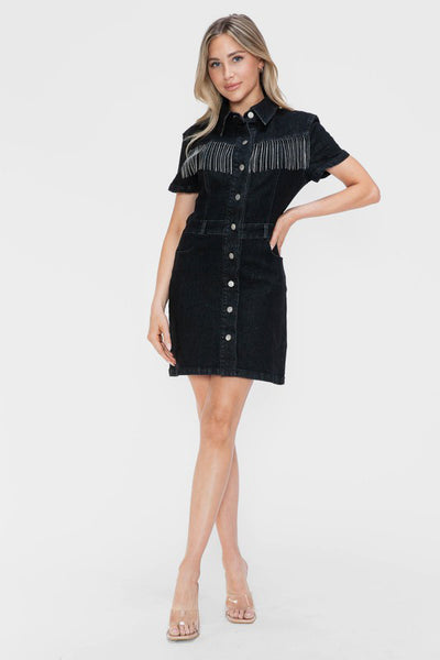 Fringed Short Sleeve Black Denim Dress