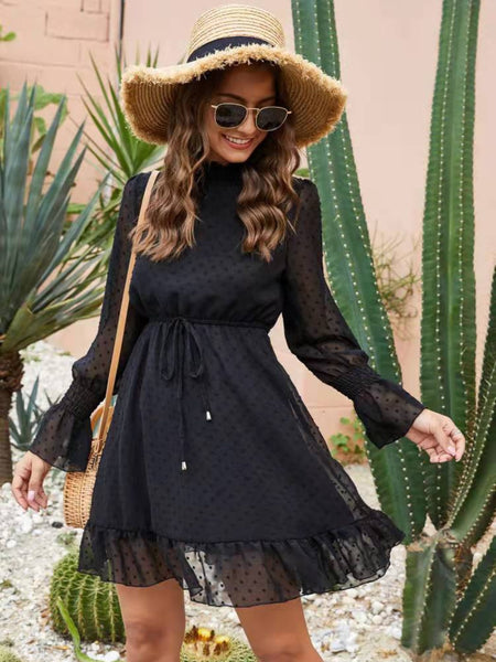 Black Mock Neck Flounce Sleeve Mini Dress