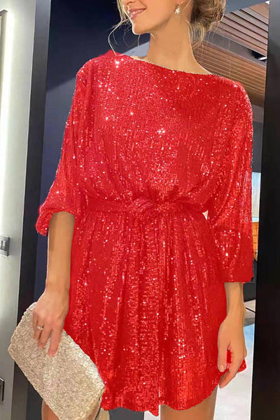 Sequin Tie Waist Long Sleeve Mini Dress
