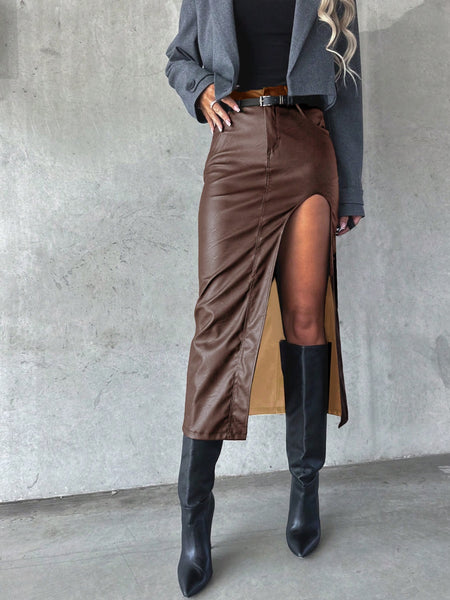 High Slit Midi Skirt with Pockets