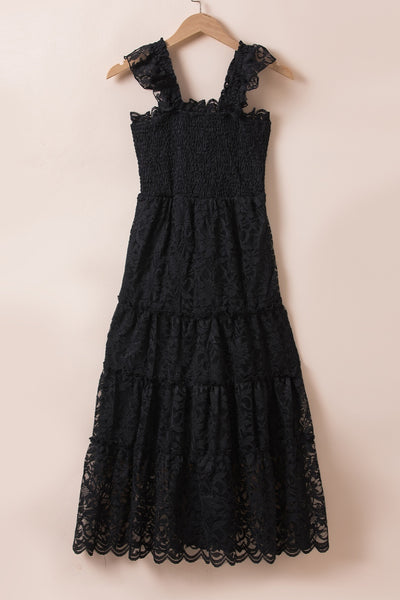 Black Lace Ruffled Midi Dress