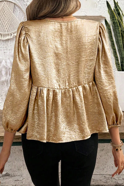 Gold Peplum Three-Quarter Sleeve Blouse