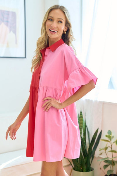 Color Blocked Button Down Babydoll Dress+