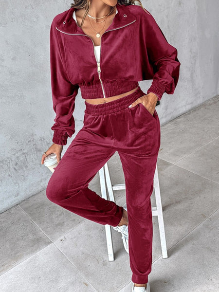 Zip Up Velour Cropped Top and Joggers Set