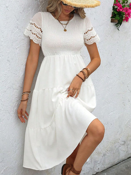 White Smocked Short Sleeve Dress