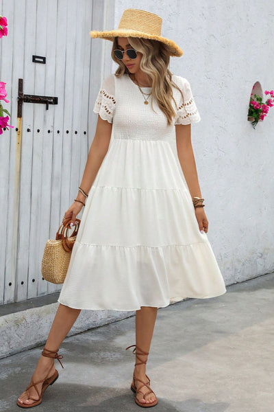 White Smocked Short Sleeve Dress