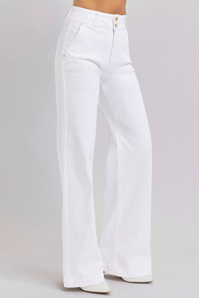 White Tummy Control Double Button Wide Leg Jeans
