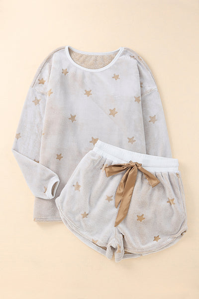 Cozy Tan Star Print Top and Shorts Lounge Set
