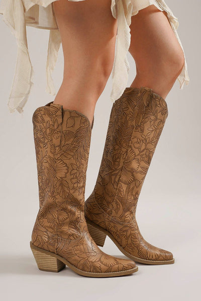 Embossed Floral Block Heel Boots