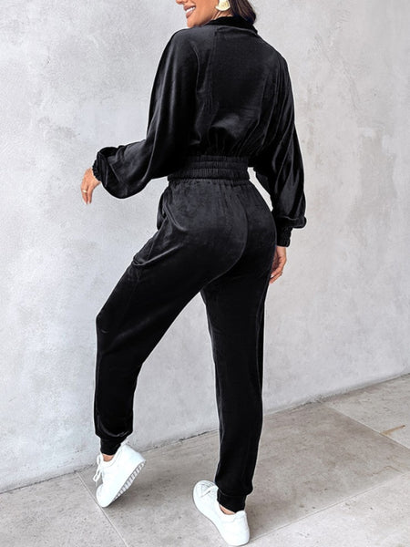 Zip Up Velour Cropped Top and Joggers Set