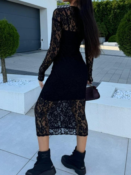 Black Lace Long Sleeve Midi Dress