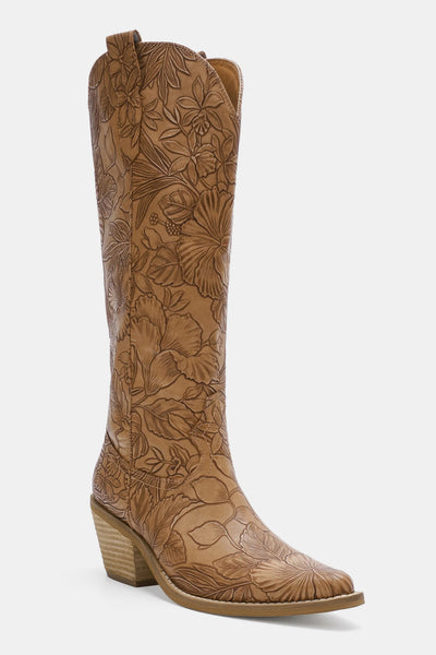Embossed Floral Block Heel Boots