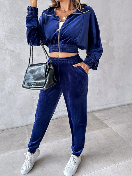 Zip Up Velour Cropped Top and Joggers Set