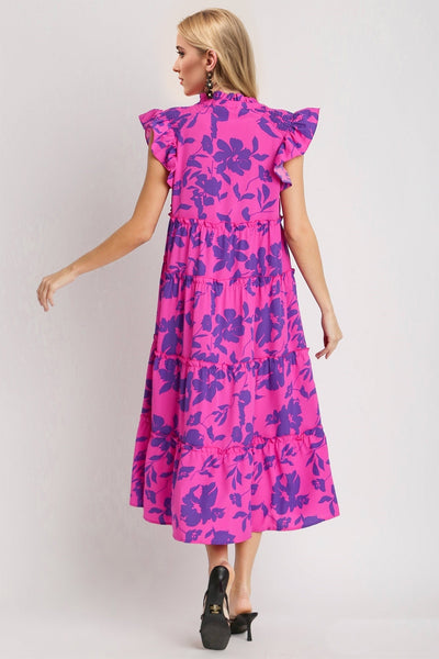 Floral Ruffled Notched Cap Sleeve Midi Dress
