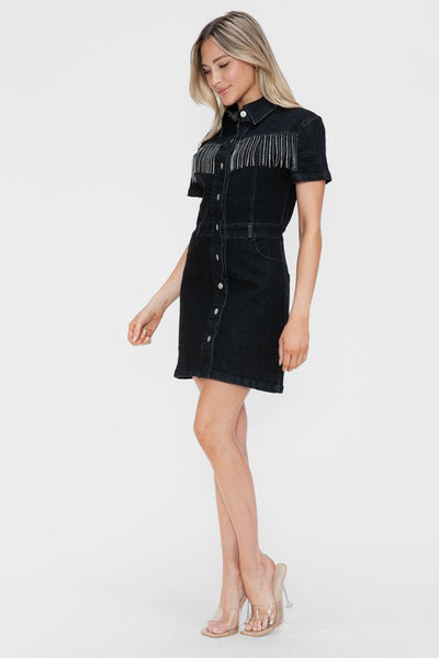 Fringed Short Sleeve Black Denim Dress