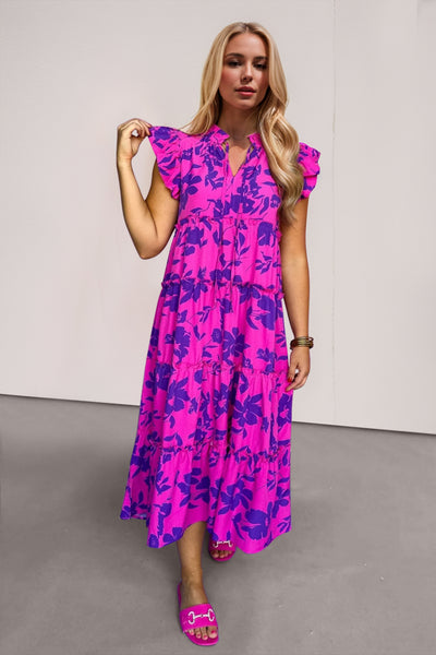Floral Ruffled Notched Cap Sleeve Midi Dress