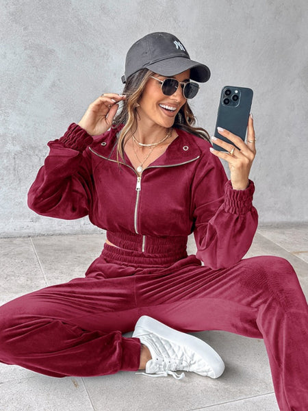 Zip Up Velour Cropped Top and Joggers Set