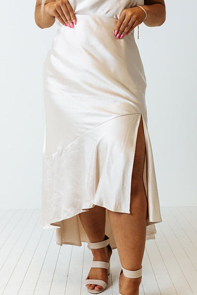 White Satin Ruffled Slit Skirt+