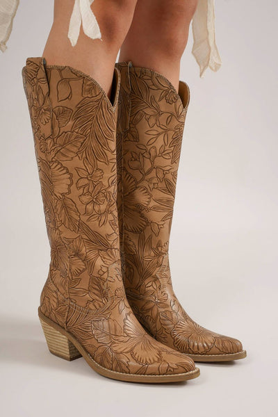 Embossed Floral Block Heel Boots
