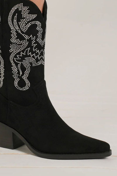 Black Rhinestone Studded Pointy Toe Boots