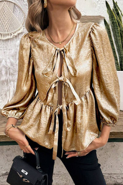 Gold Peplum Three-Quarter Sleeve Blouse