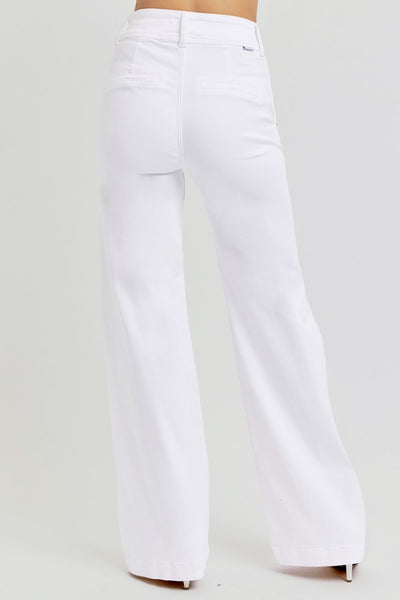White Tummy Control Double Button Wide Leg Jeans