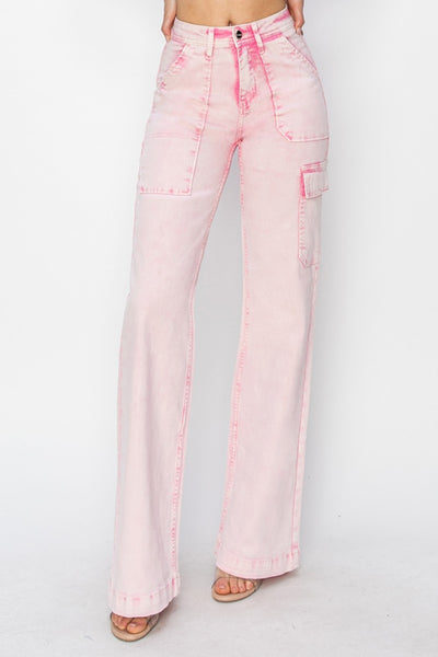 RISEN High Rise Cargo Pocket Jeans in Acid Pink