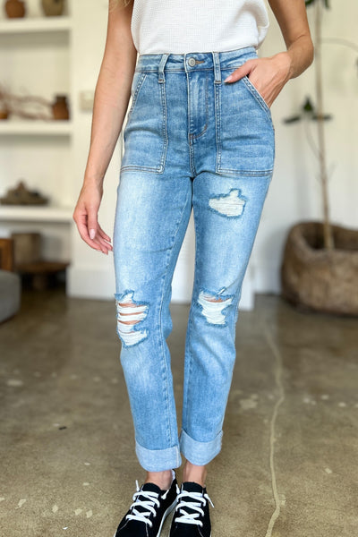 Distressed Leg Straight Jeans