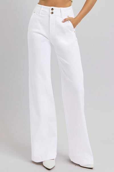 White Tummy Control Double Button Wide Leg Jeans