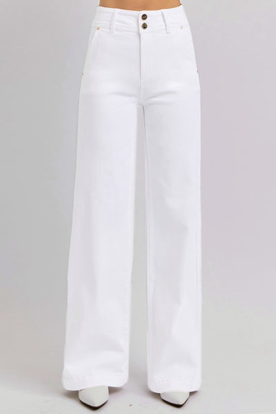 White Tummy Control Double Button Wide Leg Jeans