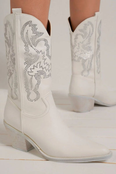 White Rhinestone Pointy Toe Boots