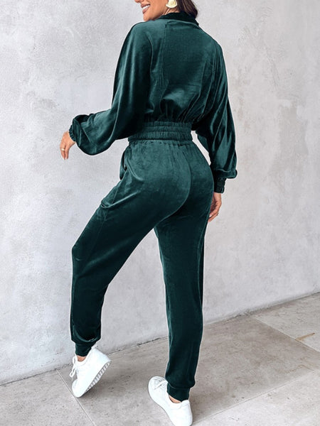 Zip Up Velour Cropped Top and Joggers Set