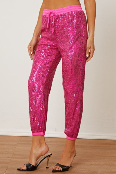 Hot Pink Sequin Drawstring Jogger Pants
