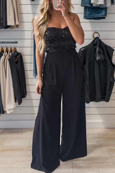 Black Sequins Tube Top Wide Leg Jumpsuit