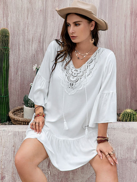 White Three-Quarter Sleeve Mini Dress+