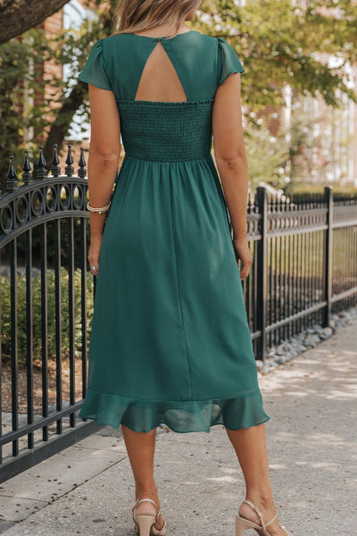 Deep Green Ruffled Cap Sleeve Dress