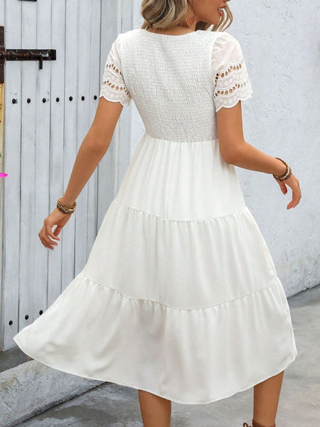 White Smocked Short Sleeve Dress