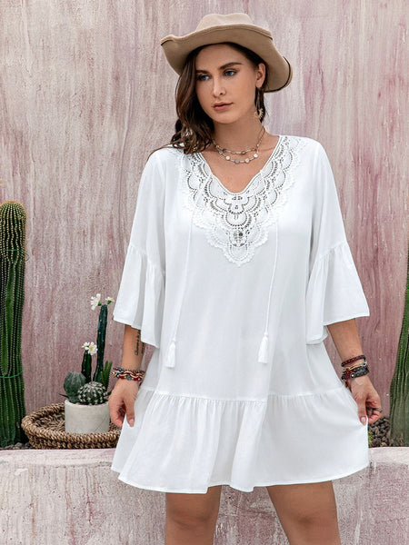 White Three-Quarter Sleeve Mini Dress+