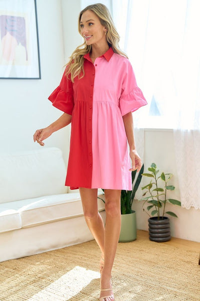 Color Blocked Button Down Babydoll Dress+