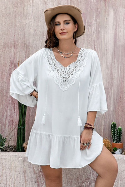 White Three-Quarter Sleeve Mini Dress+