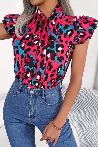 Leopard Tie Neck Cap Sleeve Blouse