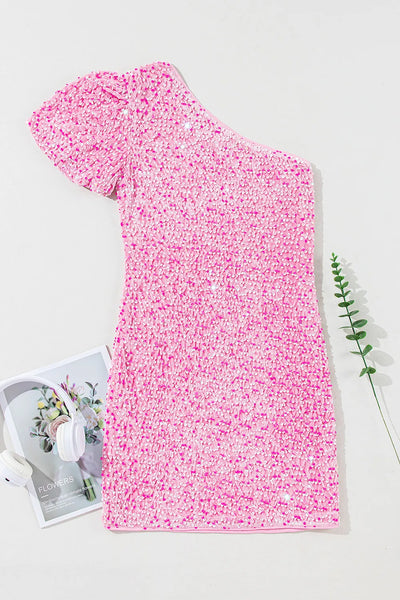 Pink Sequins Single Shoulder Mini Dress