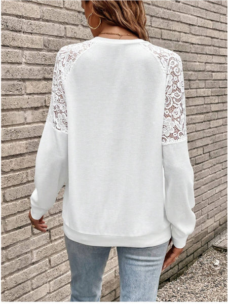 White V-Neck Lace Long Sleeve Top