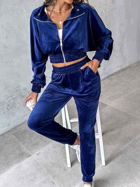 Zip Up Velour Cropped Top and Joggers Set