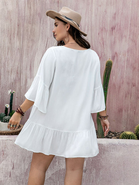 White Three-Quarter Sleeve Mini Dress+