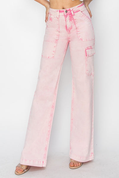 RISEN High Rise Cargo Pocket Jeans in Acid Pink