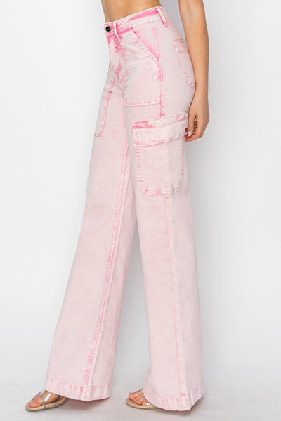 RISEN High Rise Cargo Pocket Jeans in Acid Pink