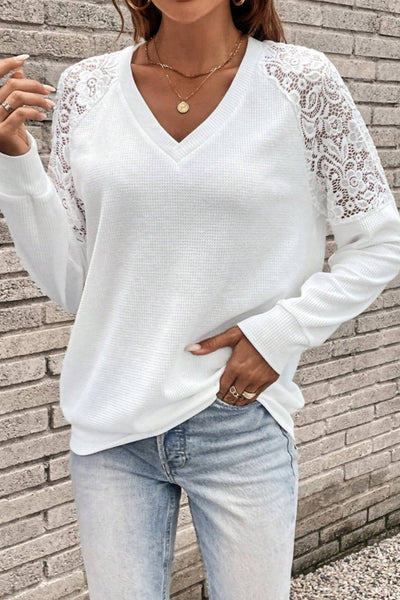 White V-Neck Lace Long Sleeve Top