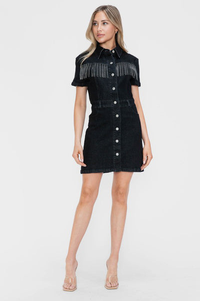 Fringed Short Sleeve Black Denim Dress